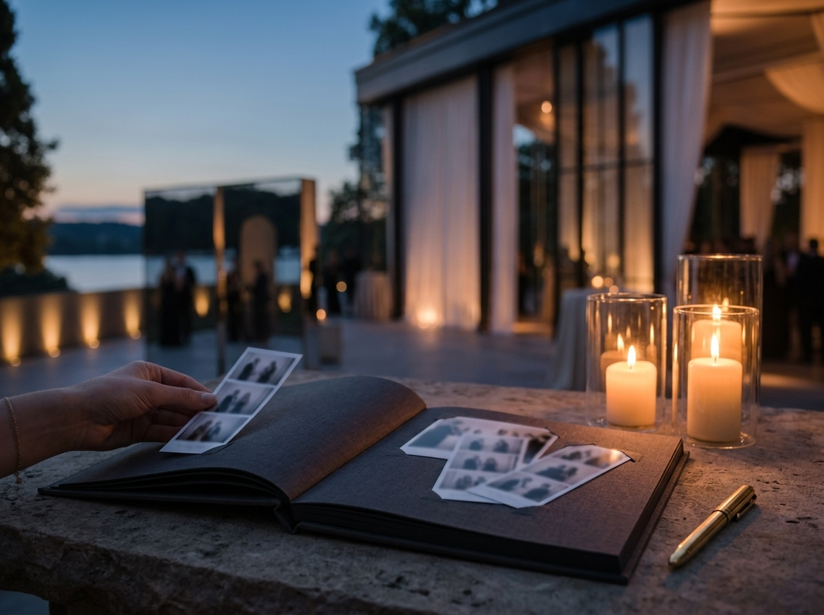 Geöffnetes Gästealbum mit Fotostreifen und goldenem Stift bei Kerzenlicht